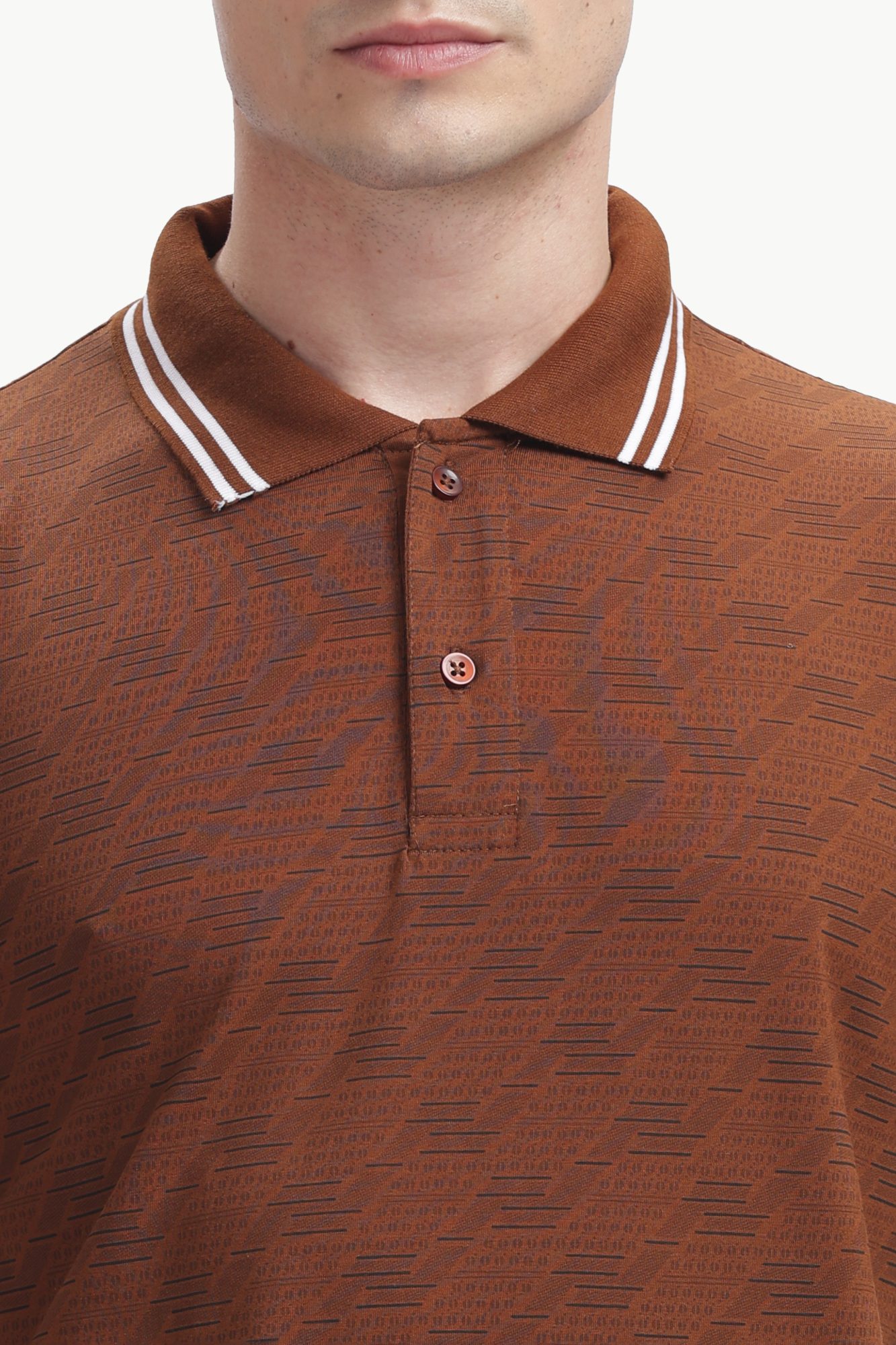 Abstract Texture Polo — Rust Brown, collar detail