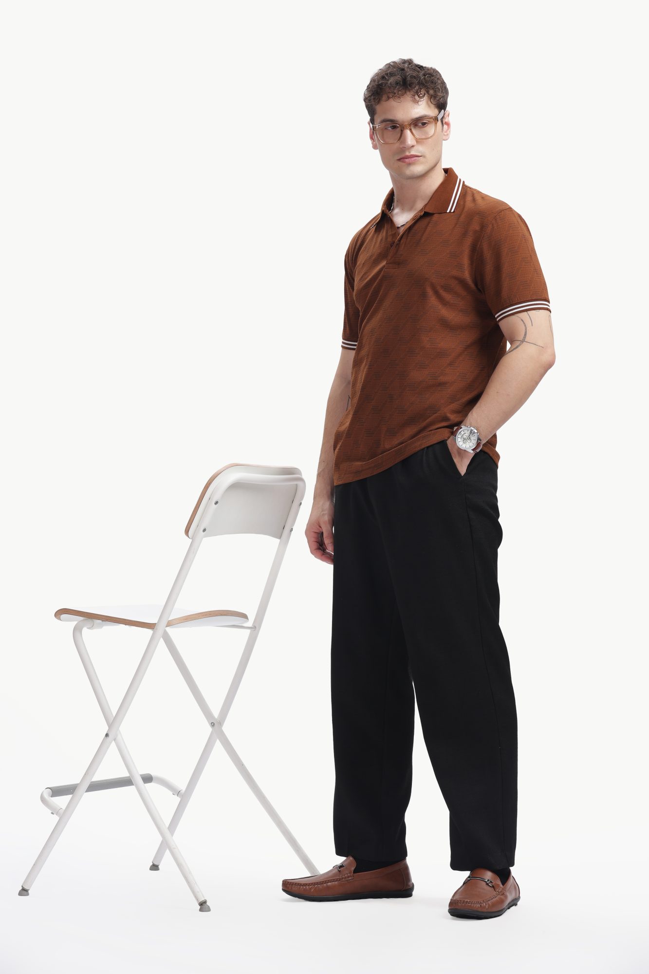 Abstract Texture Polo — Rust Brown, styled