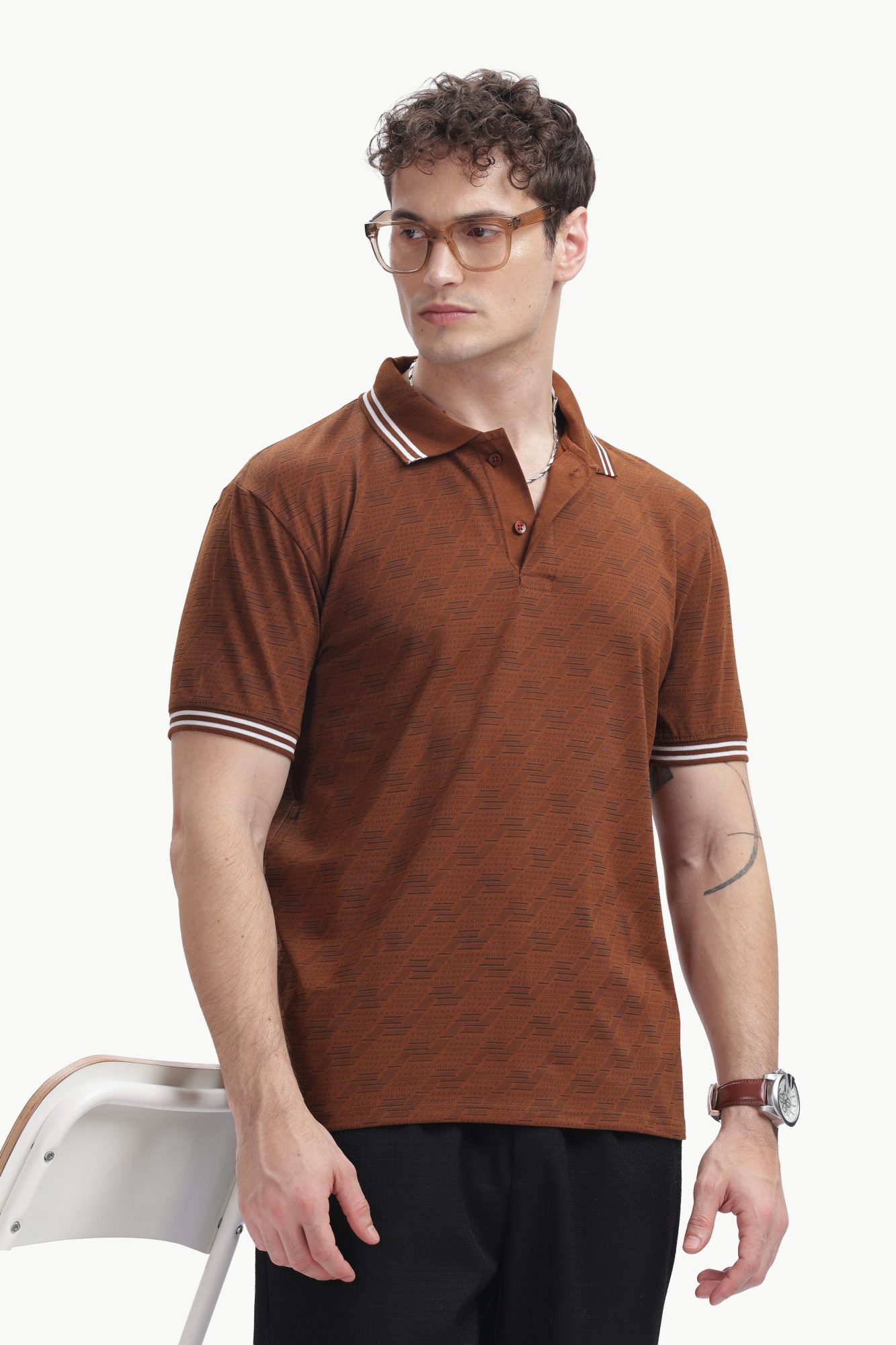 Abstract Texture Polo — Rust Brown, styled close